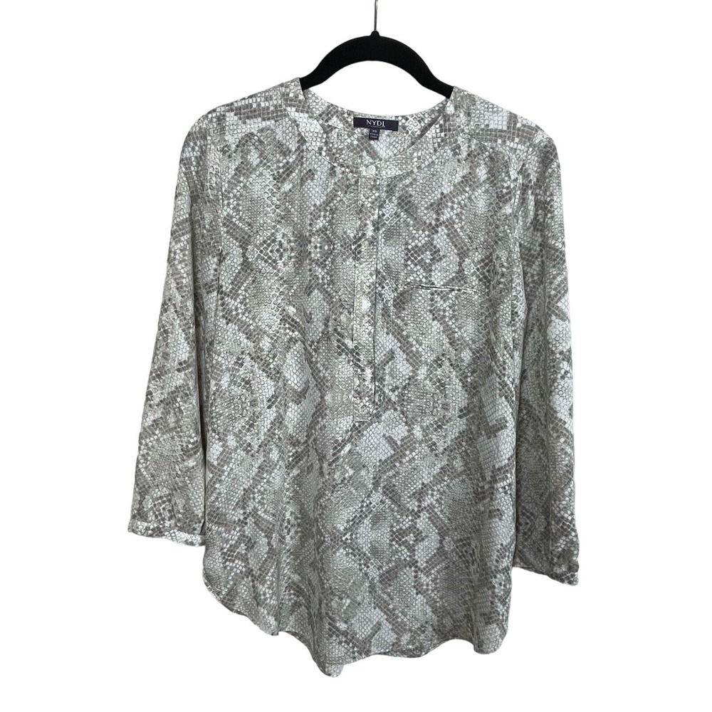 NYDJ Women's XS‎ Taupe Reptile Print Blouse Button Popover Shirt Animal Career